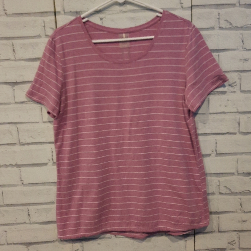 Calia Women's Size L Tee Purple White Stripe Elastic Hem Short Sleeve Logo